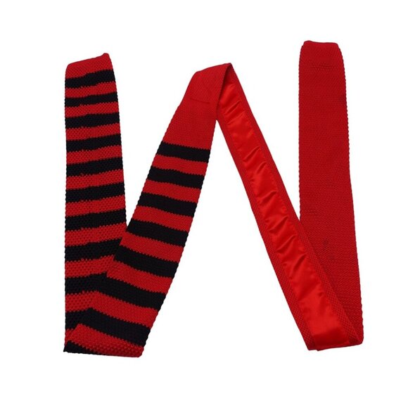 Unbranded Silk Knit Necktie OS Black Red Striped Textured Square-End Business - Picture 3 of 10